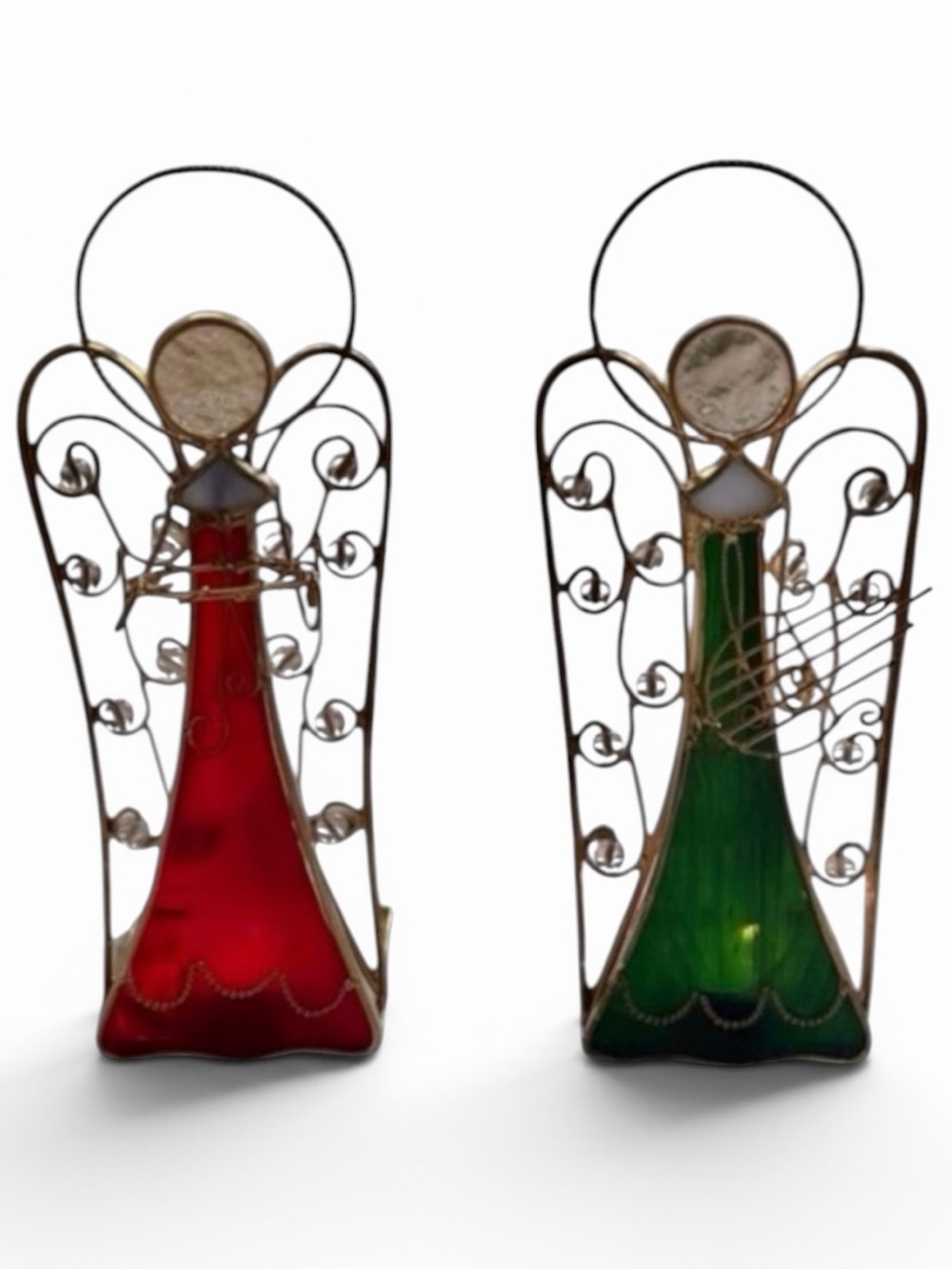 Set of 2 Red and Green Stained Glass Gold Angel Candle Holders